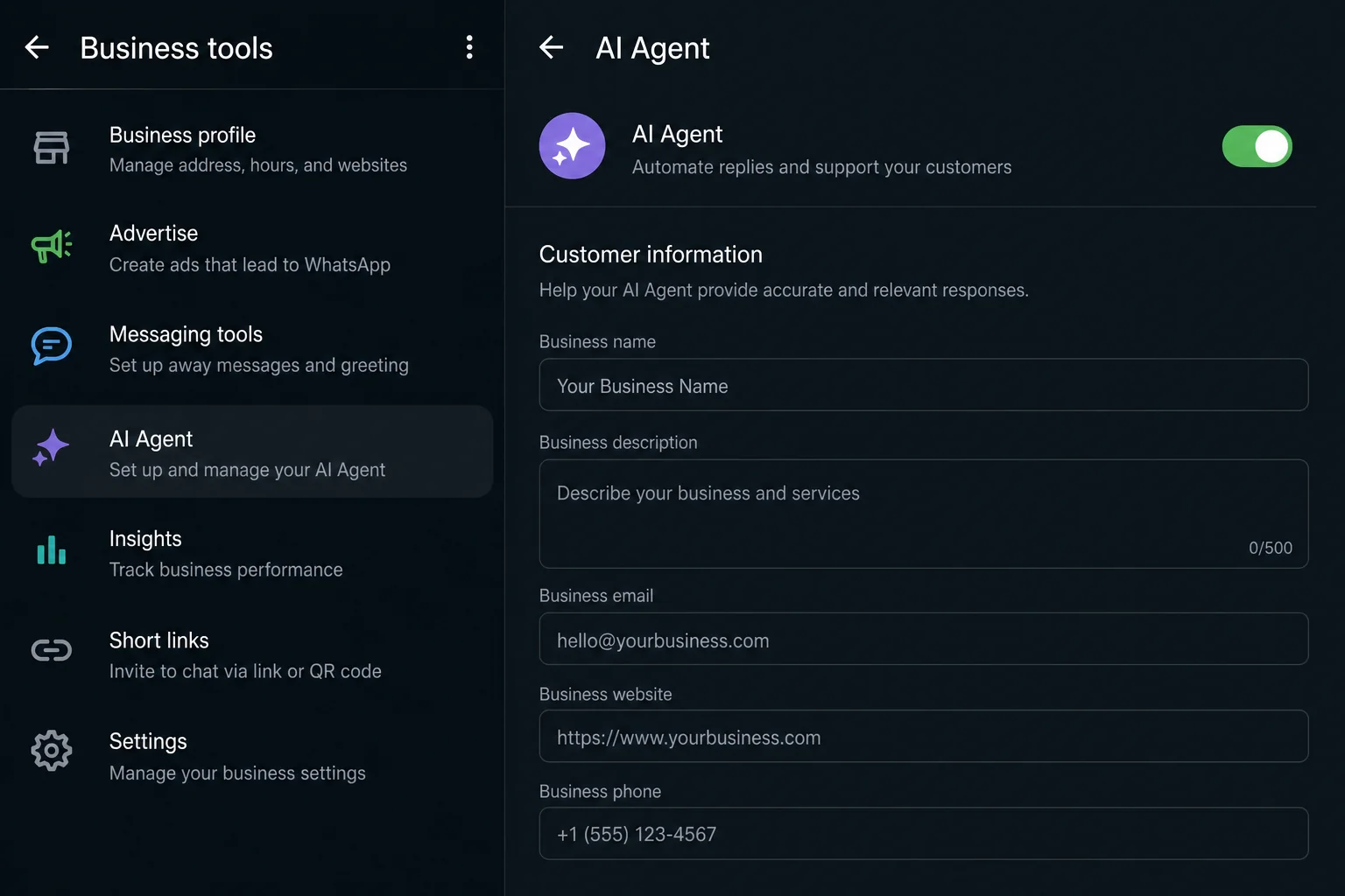 WhatsApp Business Tools menu showing Your AI Agent option