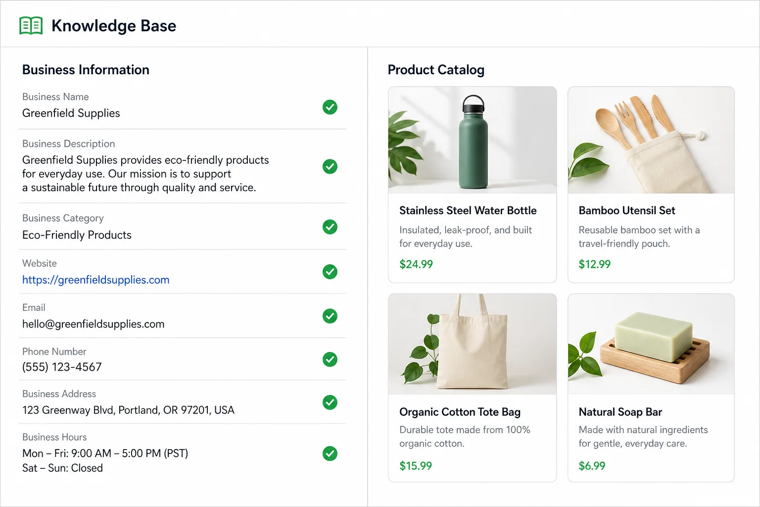 WhatsApp AI knowledge base with product catalog and business info fields