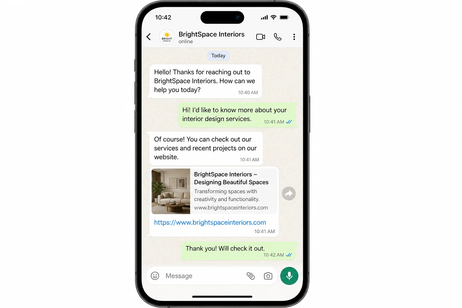WhatsApp message showing website demo link to a local business client
