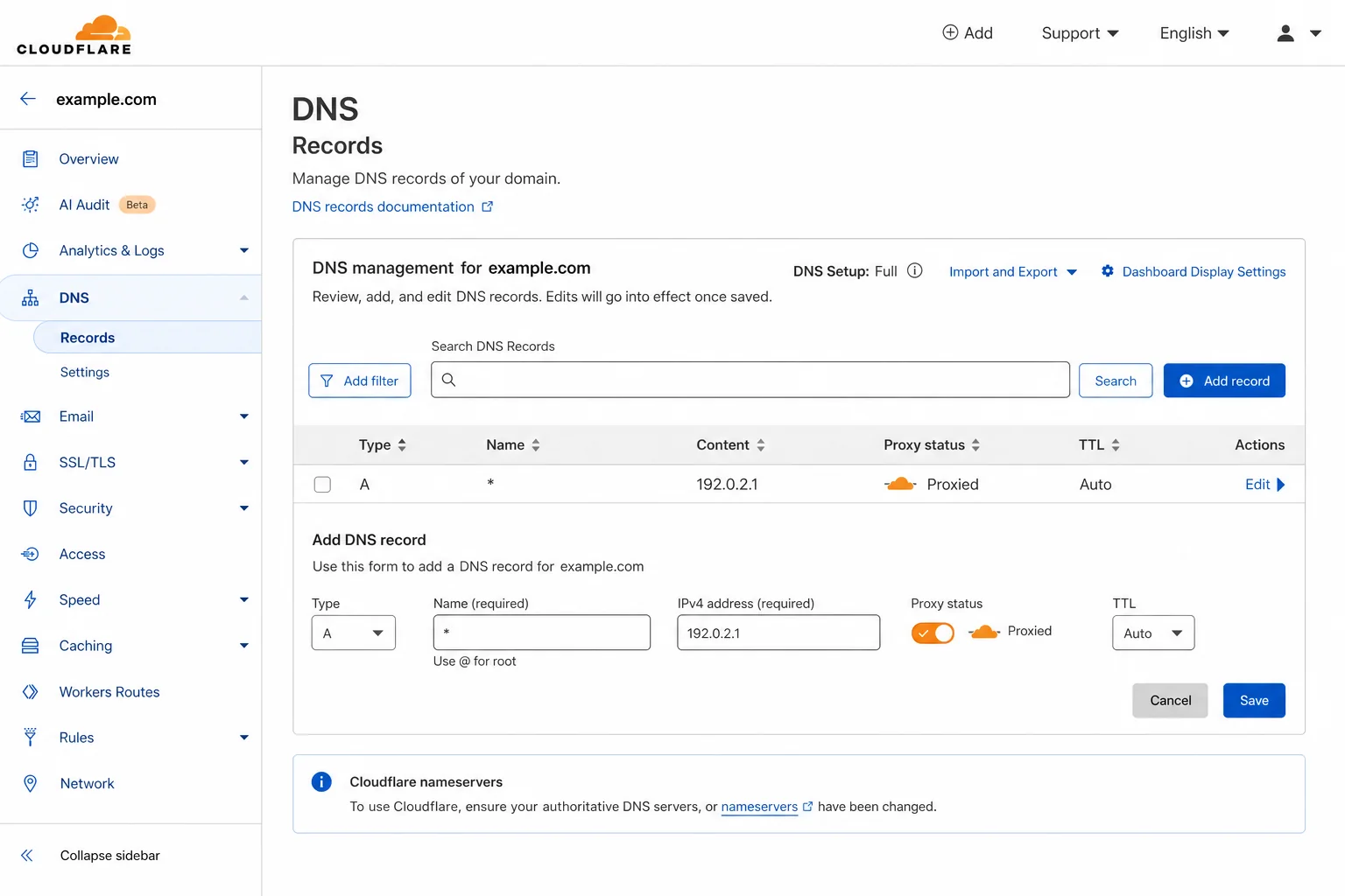 Cloudflare DNS records with wildcard A record for all subdomains