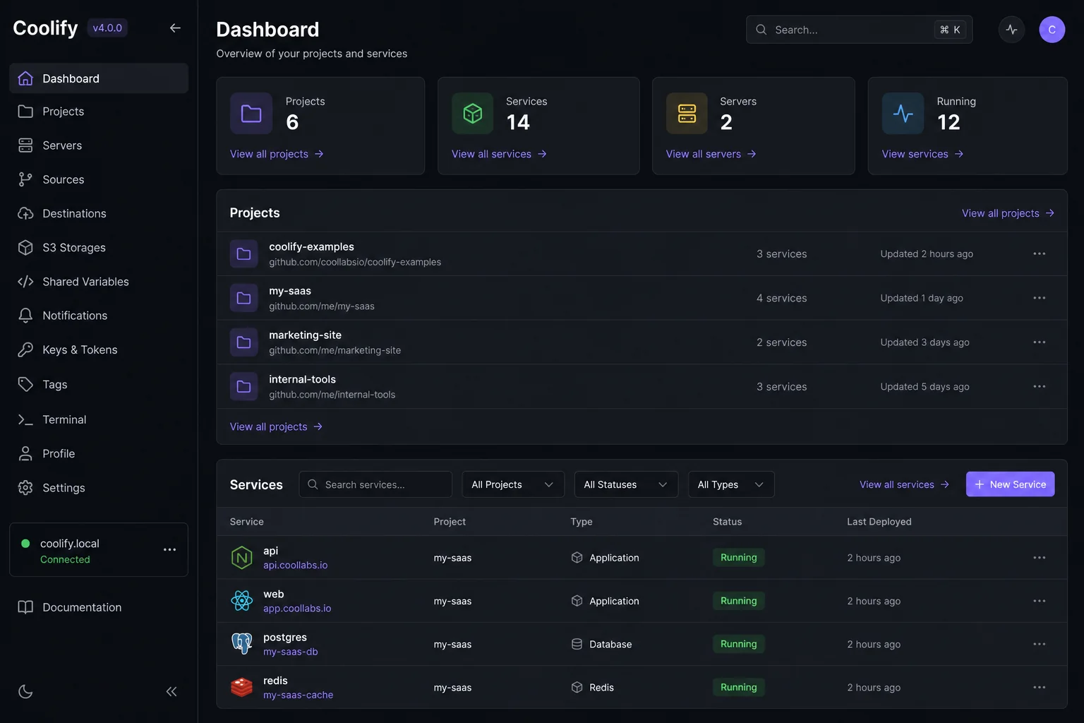 Coolify dashboard showing projects and services