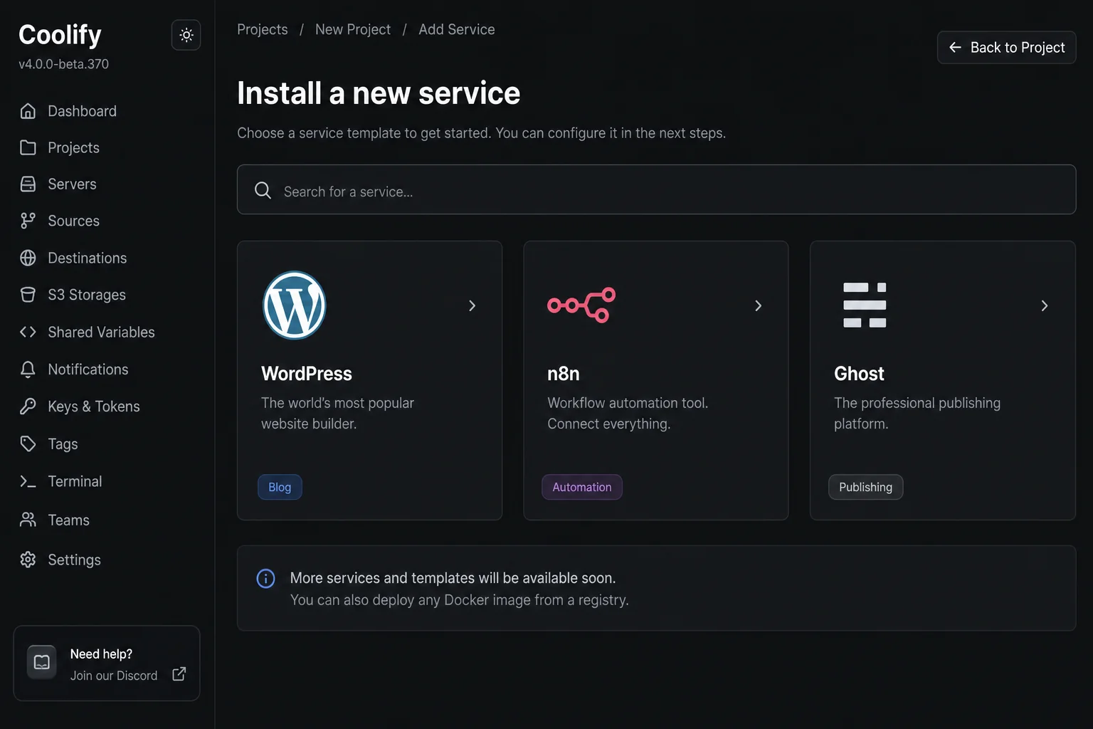 Coolify service installation screen showing WordPress, n8n, and Ghost options
