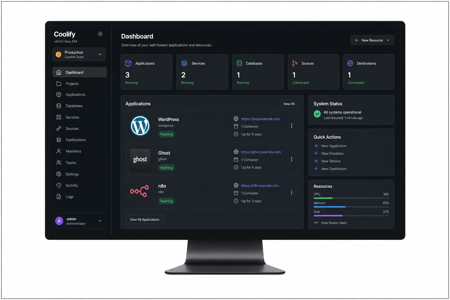 Coolify self-hosted platform running multiple services on one VPS