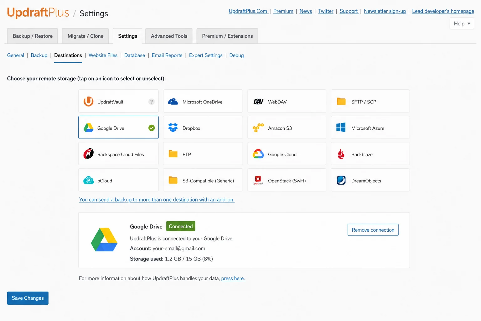 UpdraftPlus WordPress backup plugin with Google Drive connected