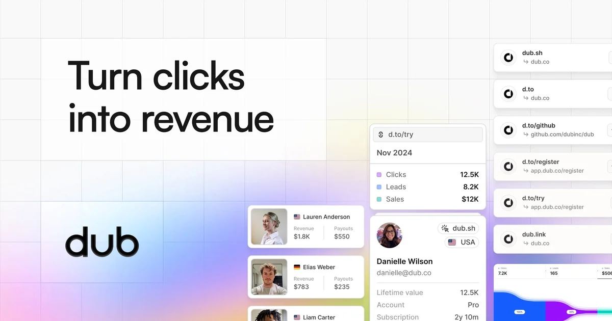 Dub link management dashboard with the tagline turn clicks into revenue
