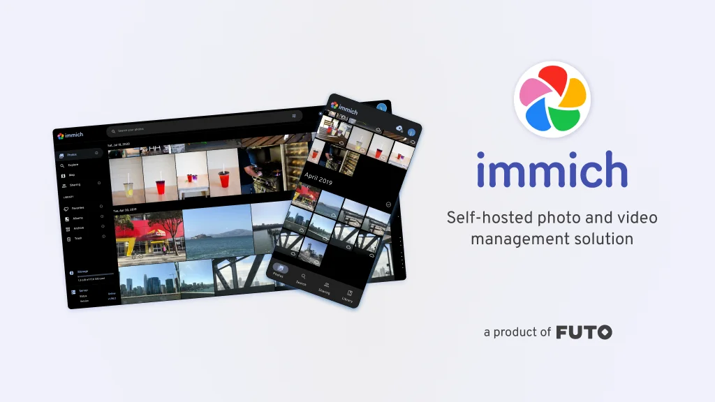 Immich self-hosted photo library interface on desktop and mobile