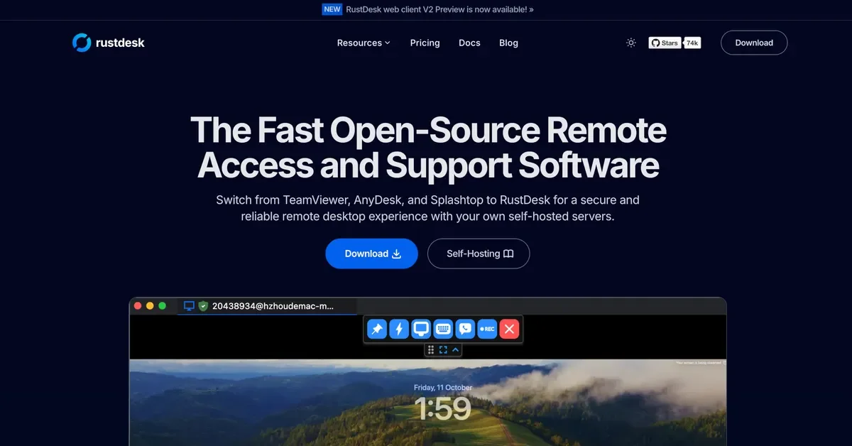 RustDesk homepage describing itself as fast open-source remote access software