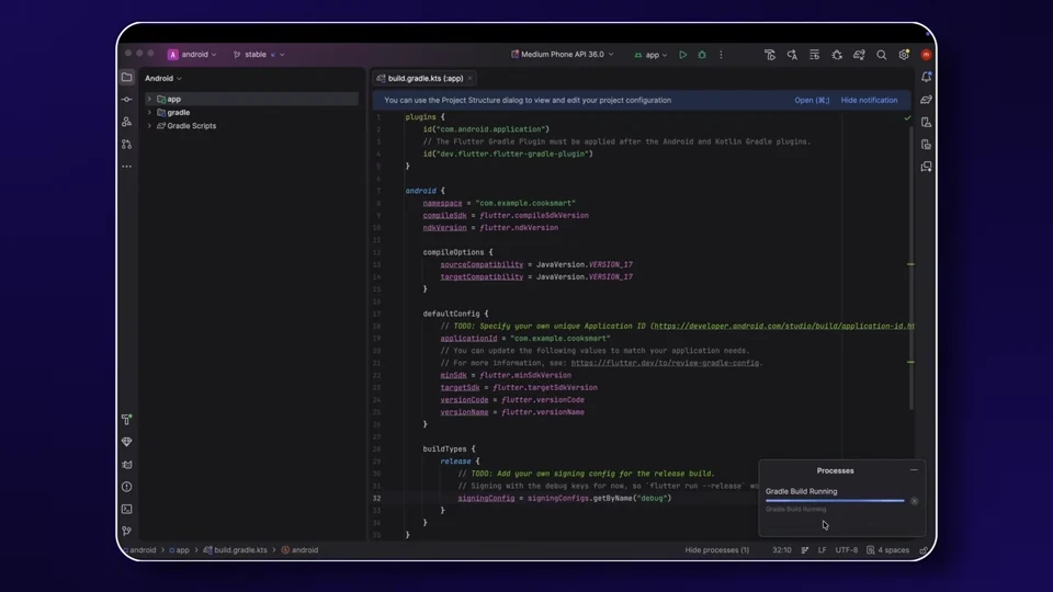 CookSmart Flutter project syncing and building inside Android Studio