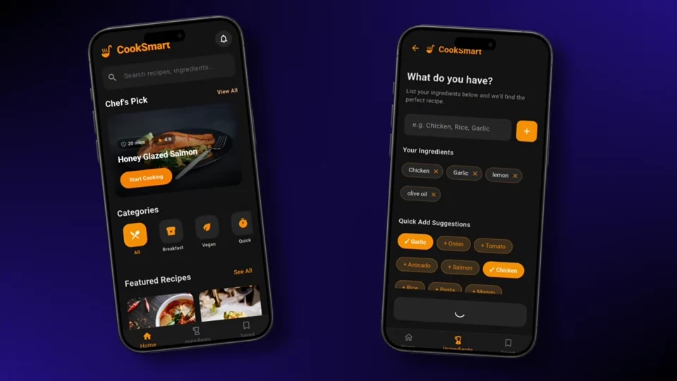 CookSmart AI recipe app home and ingredient screens running on mobile phones