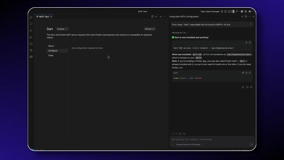 Dart MCP server enabled in Antigravity after fixing the Dart path