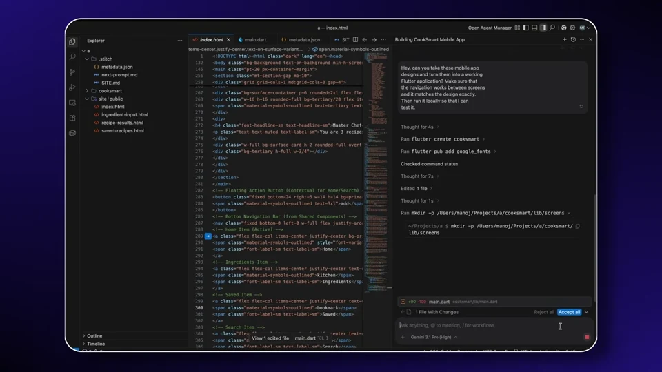 Antigravity converting CookSmart HTML screens into Flutter and Dart files