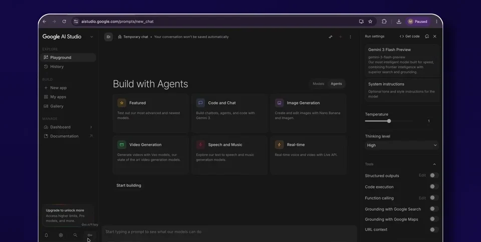 Google AI Studio interface used to access Gemini development tools