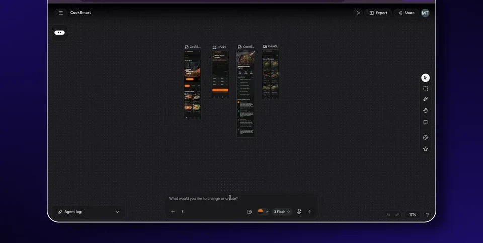 Four CookSmart mobile screens generated inside a Google Stitch project