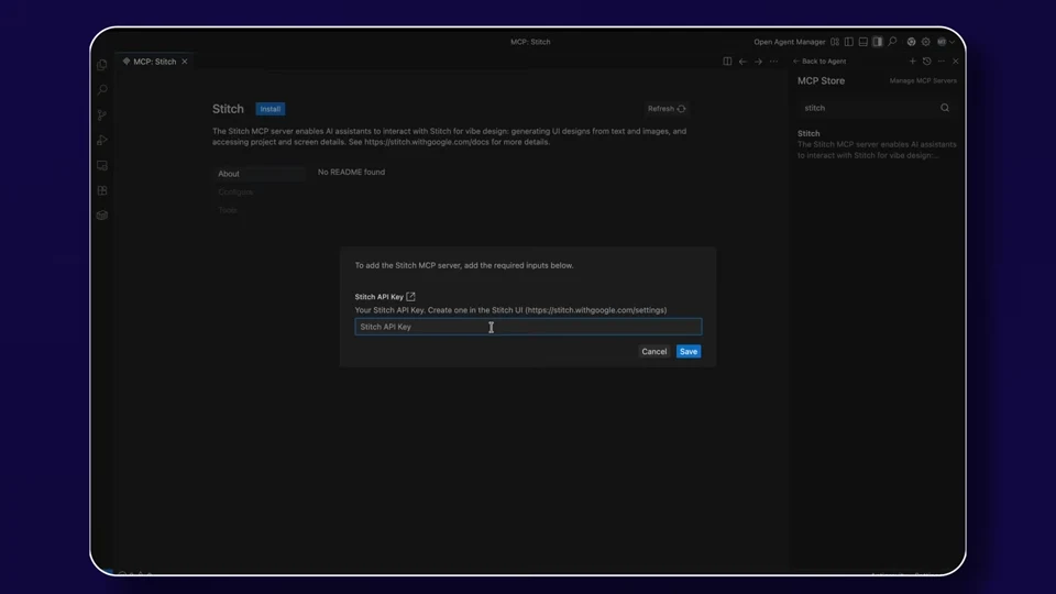 Antigravity Stitch MCP installation screen with an empty API key field