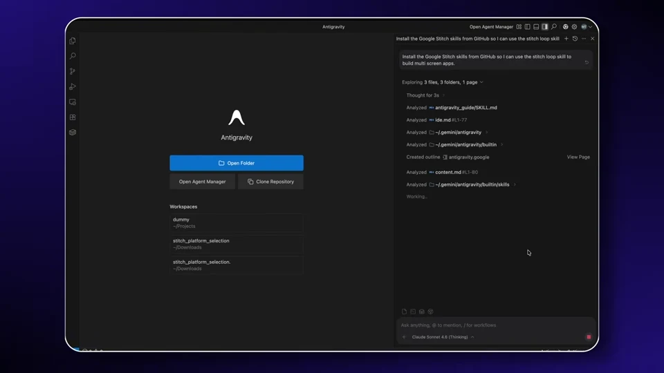 Antigravity installing the Google Stitch skills from GitHub