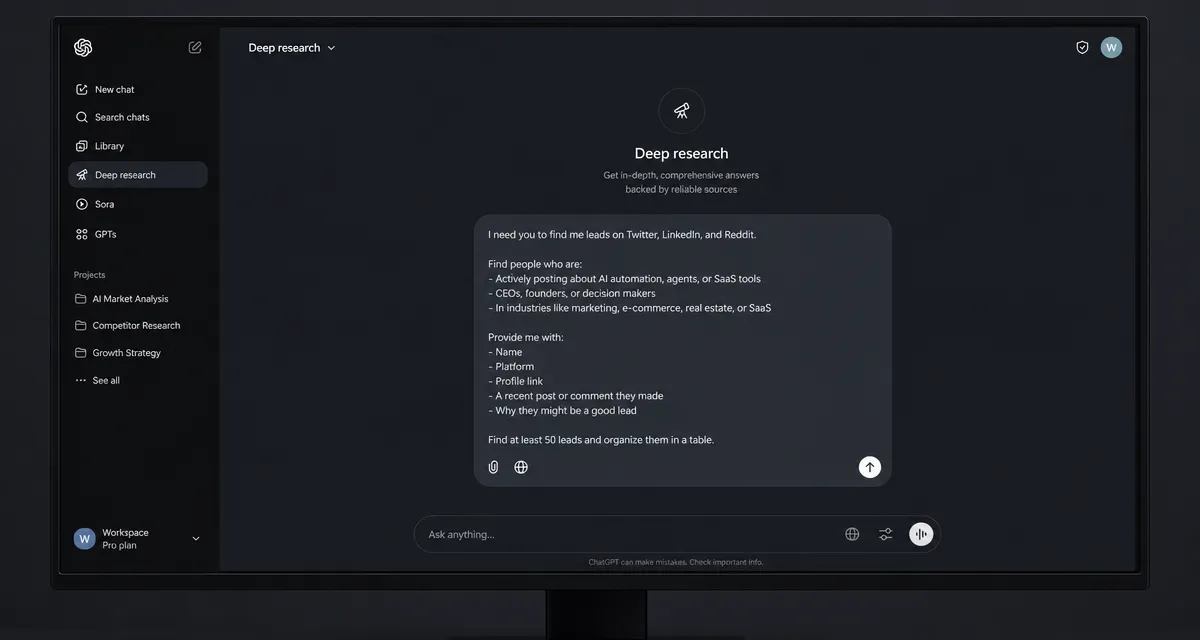 ChatGPT-5 deep research interface running a search prompt for leads