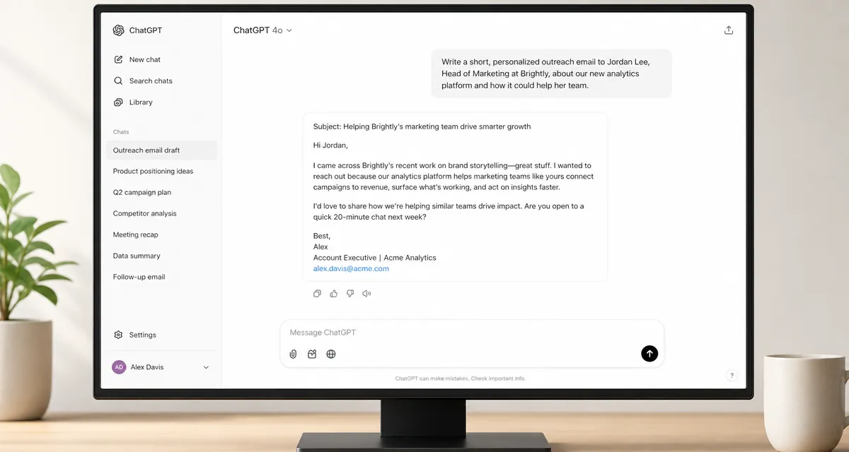ChatGPT chat interface drafting a short personalized outreach email