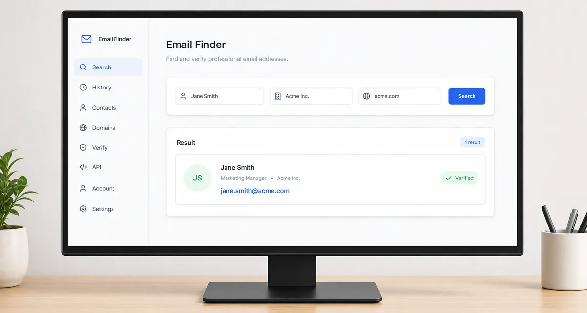 Email finder tool showing a found and verified contact email address