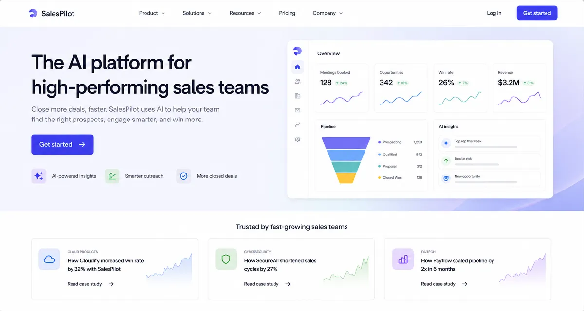 AI generated landing page with a hero headline, get started button, and case study cards