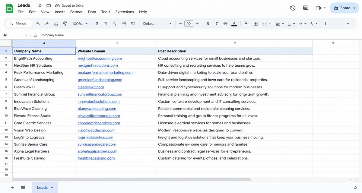 Google Sheets spreadsheet listing leads with company name, domain, and post description
