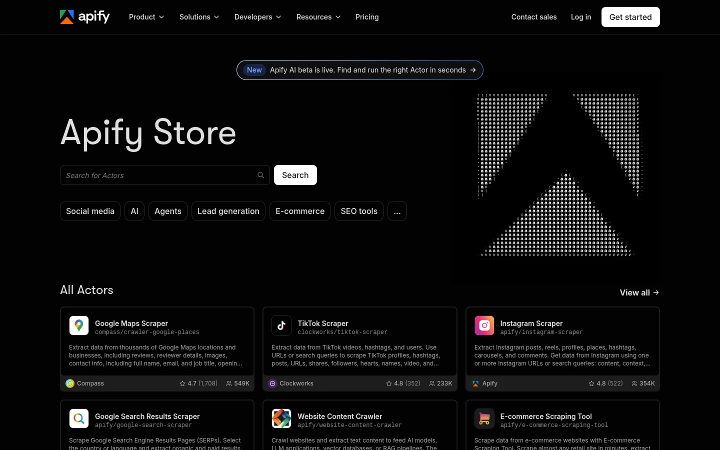 Apify Store marketplace listing thousands of web scraping and automation tools