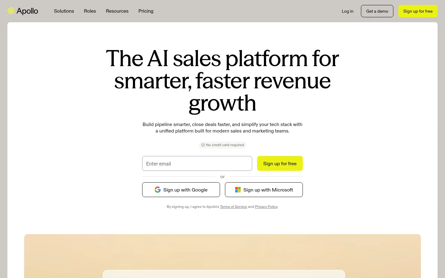 Apollo.io homepage describing its AI sales platform for prospecting and lead generation