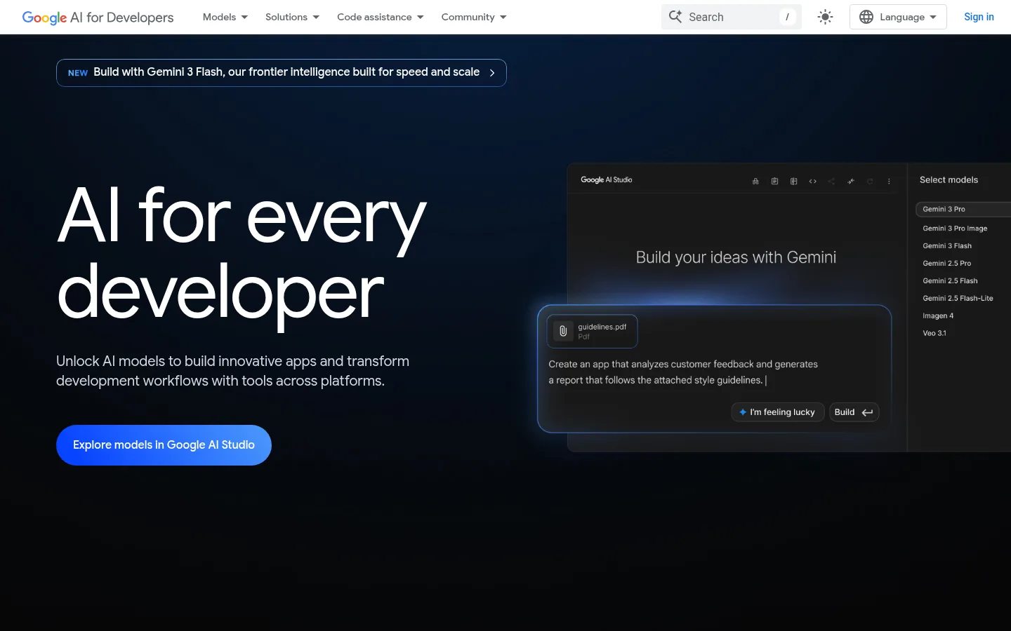 Google AI for Developers page describing the Gemini API and Google AI Studio