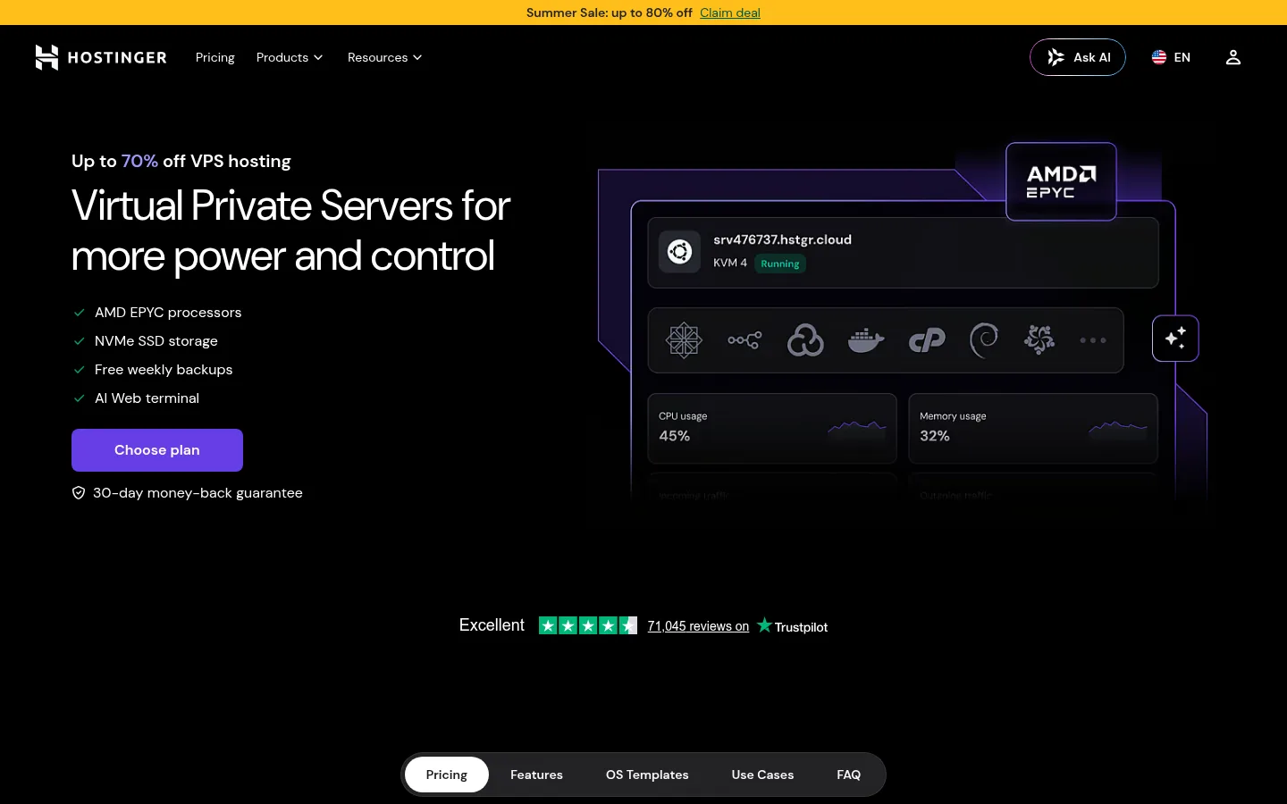 Hostinger VPS hosting plan selection page showing KVM plans