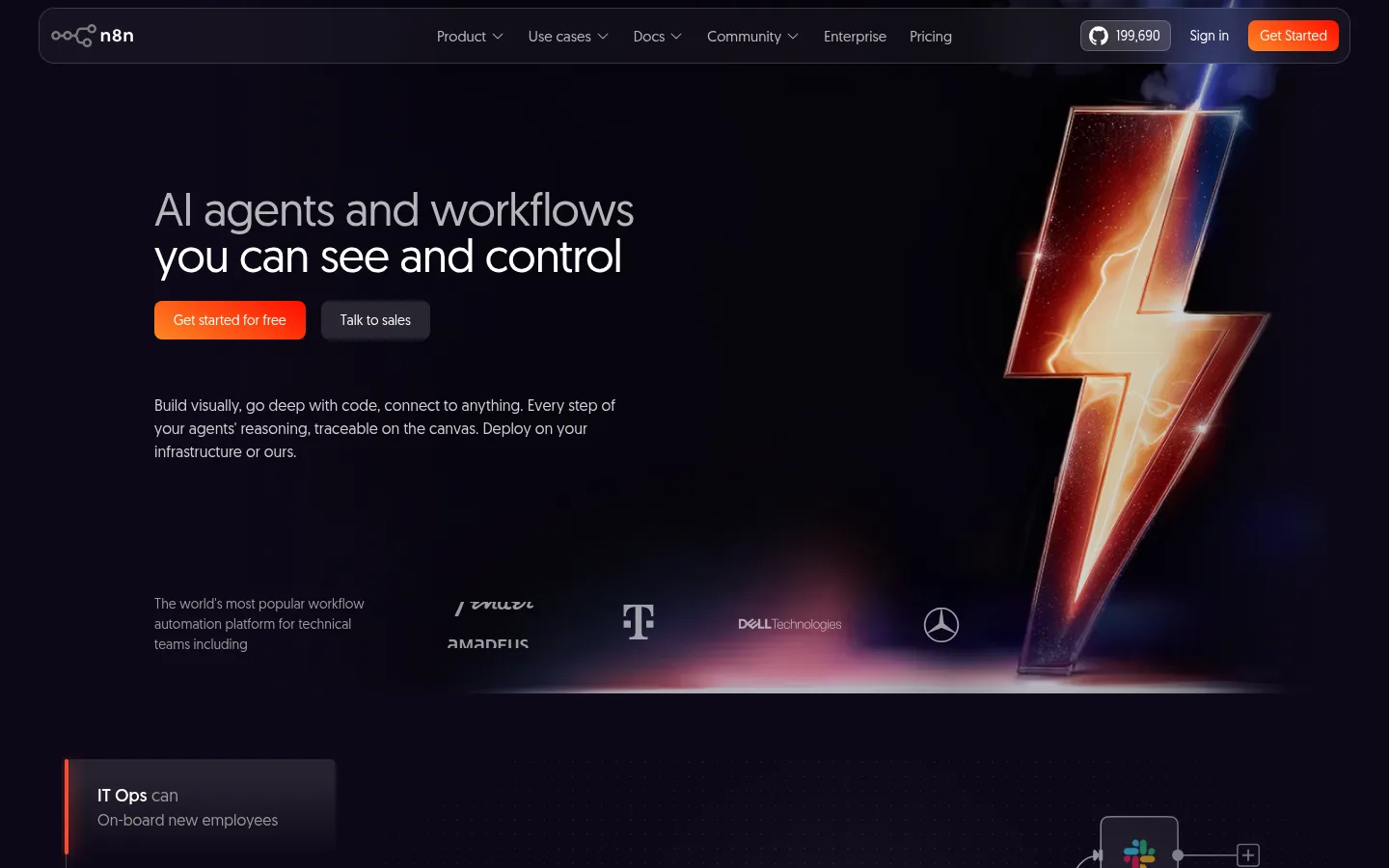 n8n.io homepage describing the AI workflow automation platform
