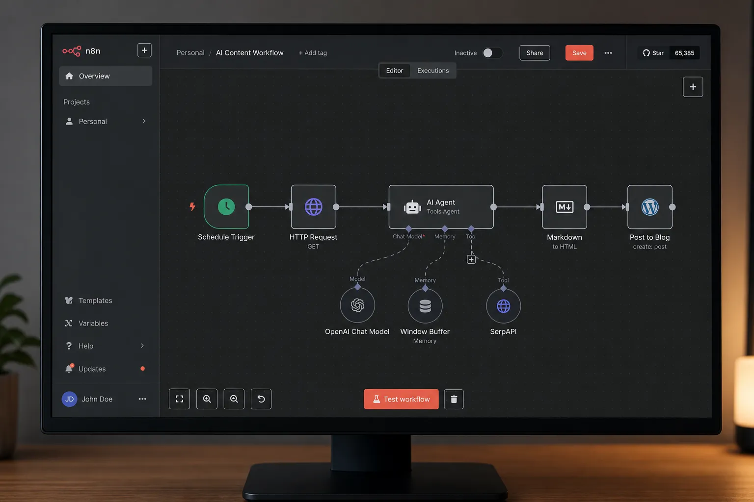 Dark-theme n8n automation dashboard showing connected workflow nodes