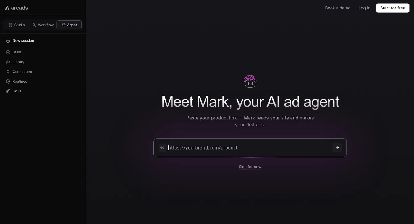 Arcads app screen introducing Mark, the Arcads AI ad agent, with a box to paste a product link