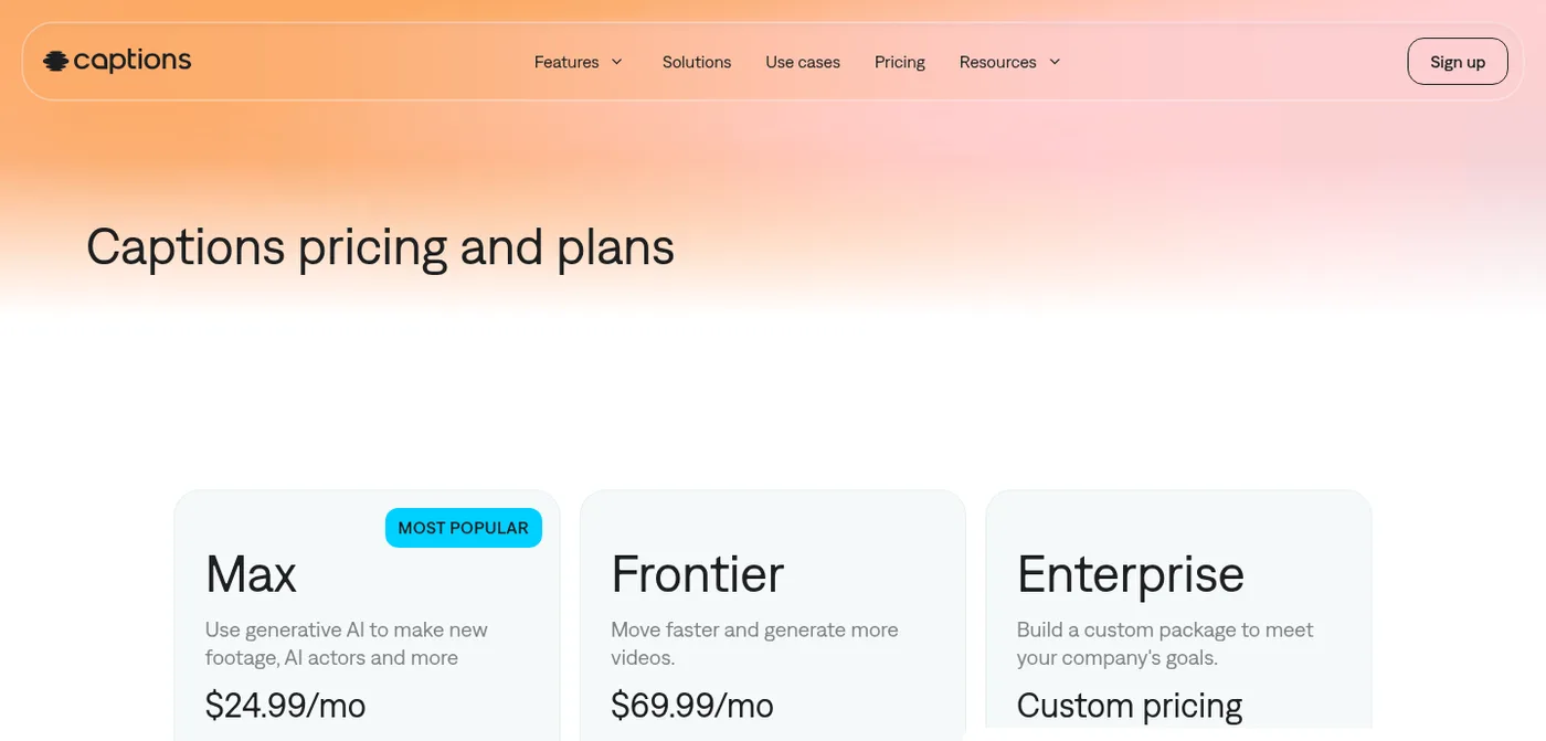 Captions pricing page showing the Max plan at $24.99 a month and the Frontier plan at $69.99 a month