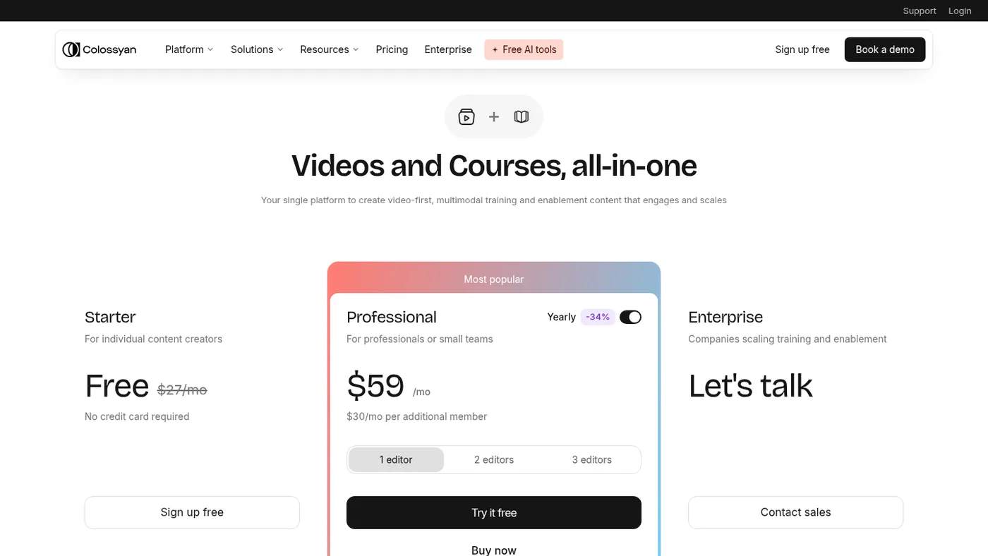 Colossyan pricing page showing a free Starter plan, Professional at $59 a month and Enterprise