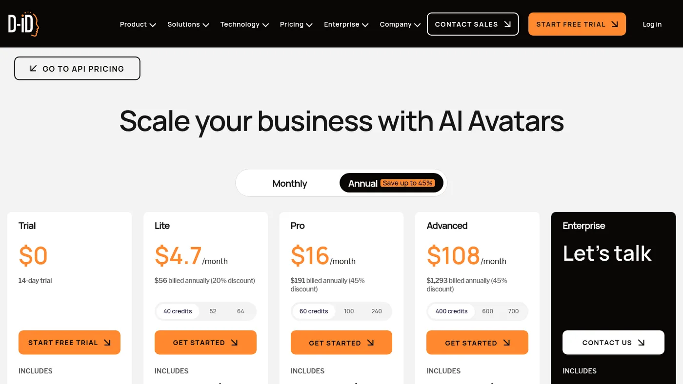 D-ID Studio pricing page showing Trial, Lite, Pro, Advanced and Enterprise plans on annual billing