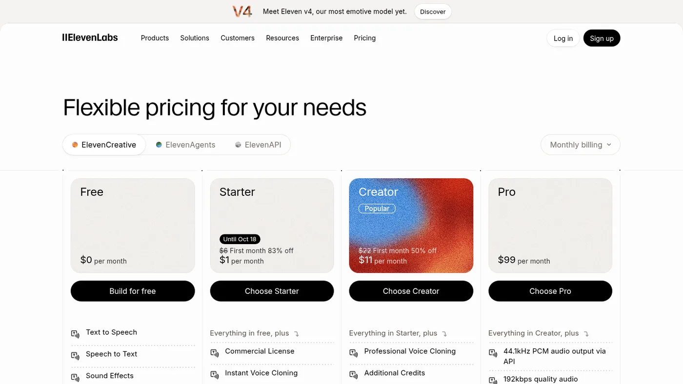 ElevenLabs pricing page showing Free, Starter, Creator and Pro plans