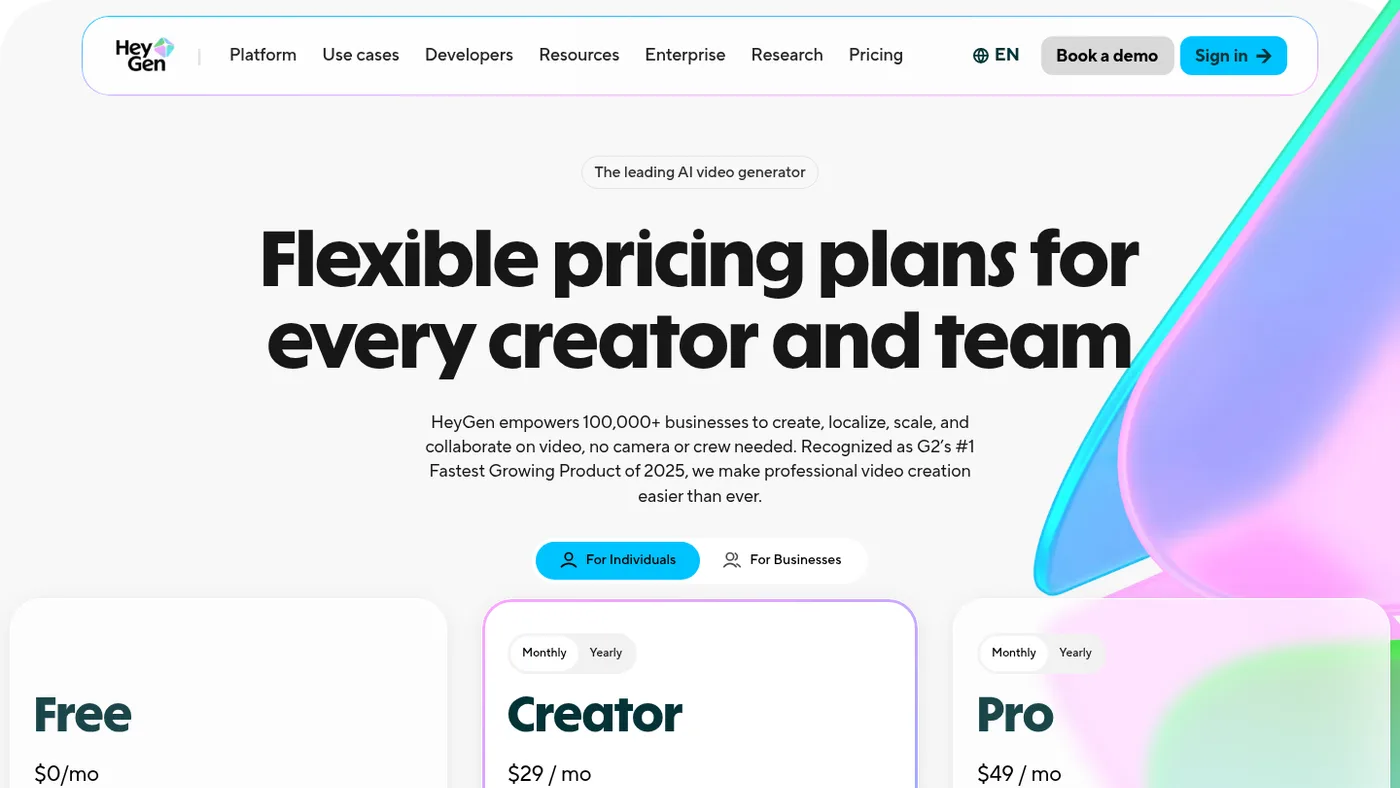 HeyGen pricing page with the headline Flexible pricing plans for every creator and team, showing Free, Creator at $29 and Pro at $49