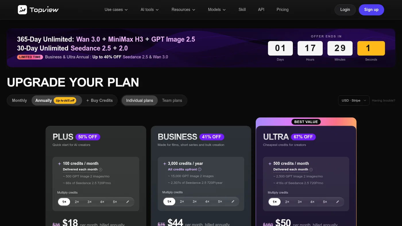 TopView pricing page showing Plus, Business and Ultra plans billed annually