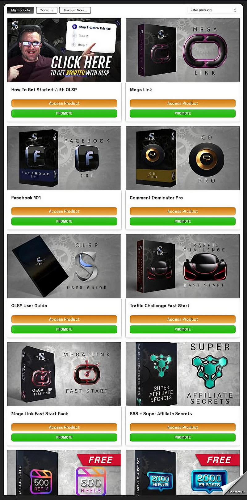 A screenshot of the OLSP product dashboard displaying various training programs and digital tools, including �Mega Link,� �Facebook 101,� �Traffic Challenge,� and �Super Affiliate Secrets,� each with access and promote buttons.