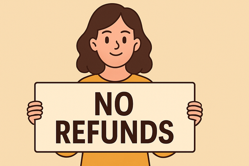 A cartoon woman holding a sign that says �NO REFUNDS� in bold letters, implying a strict refund policy. The background is beige and the design is flat and minimal.