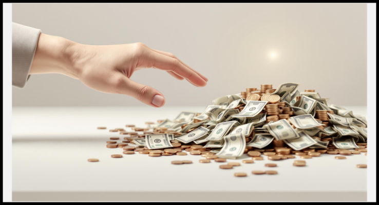 A conceptual image representing the idea of rejecting �quick money� schemes. Depict a hand pushing away a pile of cash or coins, symbolizing refusal, with a professional and minimalist background.