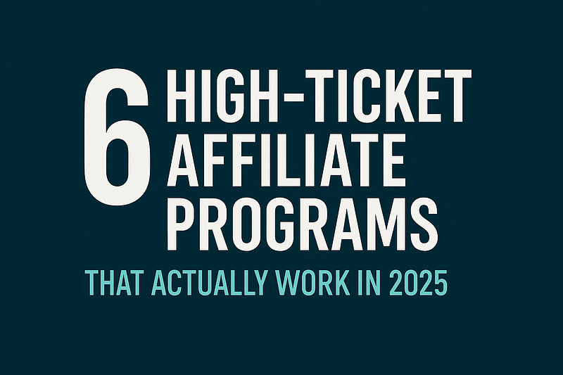 Simple text graphic with dark teal background: �6 High-Ticket Affiliate Programs That Actually Work in 2025.�