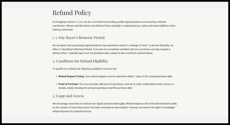 Roadmap Exclusive�s A refund policy detailing a 7-day buyer�s remorse period, conditions for refund eligibility, and guidelines on usage and access.