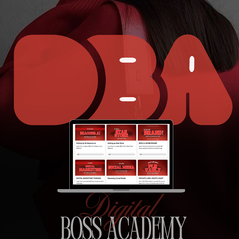 A red-themed graphic with a large DBA logo and a laptop showcasing training thumbnails like Beacons, Stan Store, and Marketing modules.