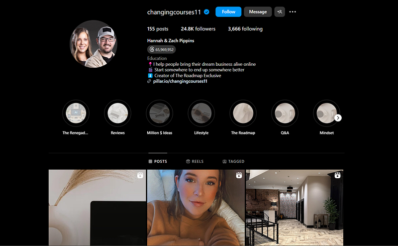instagram page of Hannah and Zach Pippins, the creators of Roadmap Exclusive course