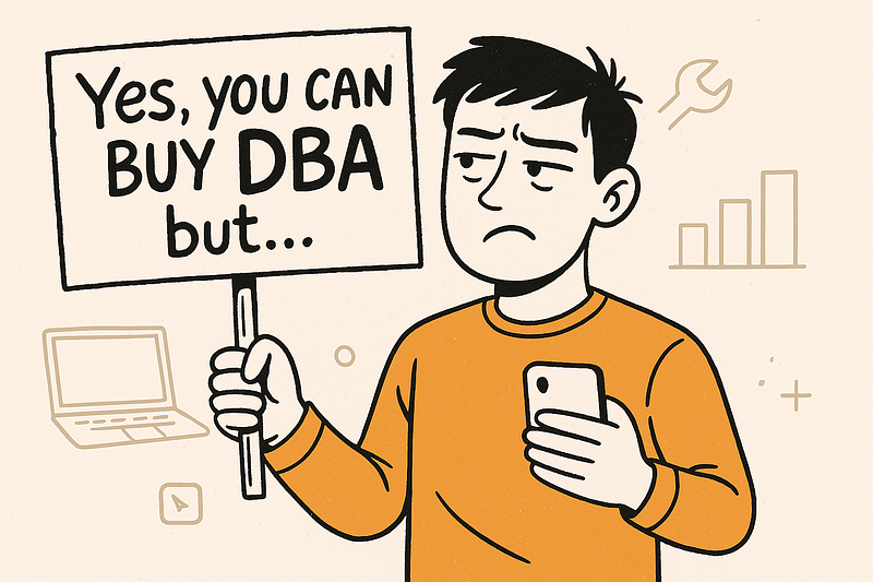 A hand-drawn cartoon of a man holding a sign that reads �Yes, you can buy DBA but�� with a neutral expression.