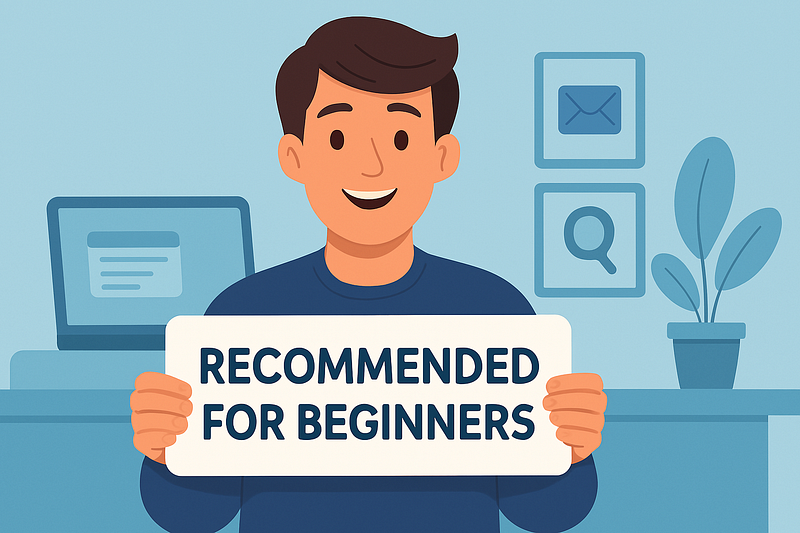 A cartoon character smiling and holding a sign that says �RECOMMENDED FOR BEGINNERS� in an office setting.