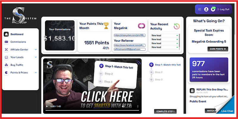 A dashboard view from the OLSP affiliate system showing earnings of $1,583.10, user rank, commissions, activity log, and a �Watch This First� onboarding video featuring a smiling man pointing to the screen.