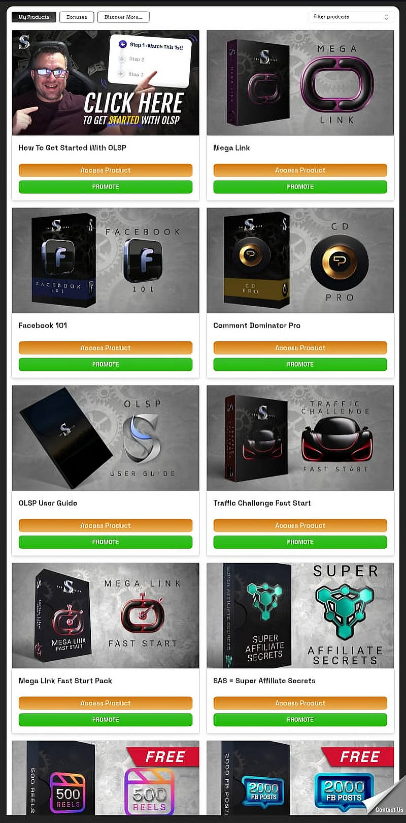Visual catalog of OLSP training products including Mega Link, Facebook 101, Comment Dominator, and more.