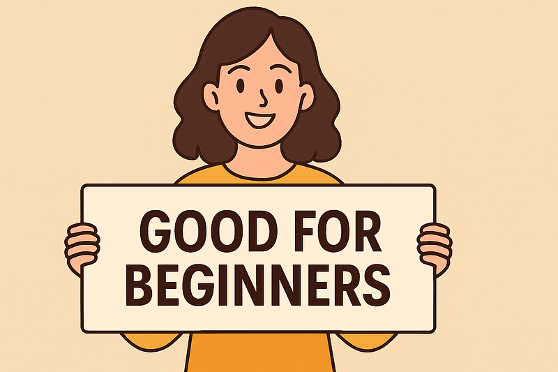 A cartoon woman smiling and holding a sign that says �GOOD FOR BEGINNERS,� set against a warm beige background with a simple, minimalistic design.
