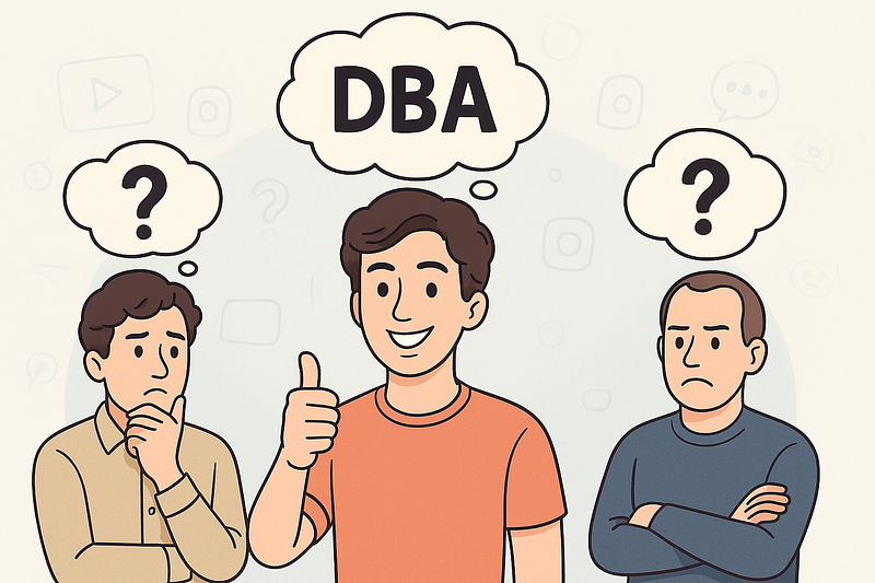 A cartoon illustration of three people with mixed opinions about DBA?�?one happy, one confused, and one skeptical.